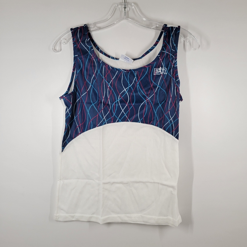 Vtg Bill Rodgers White Blue Geometric Cotton Blend Tank Top Women Sz Lrg USA NOS